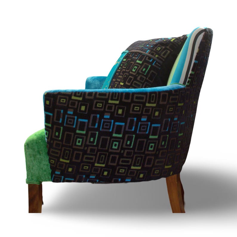 Upcycled 1940s Vintage Armchair: Turquoise, Green & Black Designer Fabrics afbeelding 3
