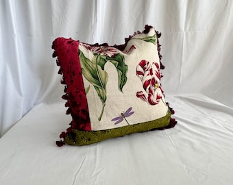 Designers Guild Velvet, and Pierre Frey, Linen Print, Decorative Pillow Cover in Burgundy, Green and Beige Fabrics, 18”/18”,Jane Hall Design