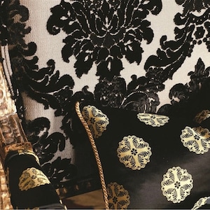 Designers Guild Royal Collection &quot;Greville” Black and Gold- Cut Velvet Upholstery Fabric, Damask Pattern, From Jane Hall Design