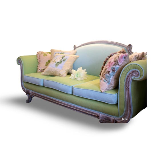 Upcycled, Antique Upholstered Sofa, In Turquoise and Green Designers Guild Fabric, Distressed Finish- From Jane Hall Design
