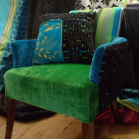 Upcycled 1940s Vintage Armchair: Turquoise, Green & Black Designer Fabrics