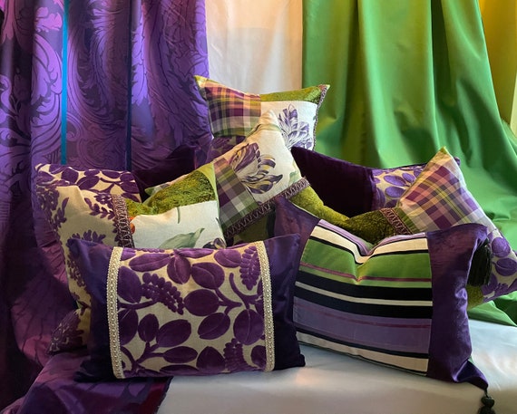20 20 Designers Guild Bohemian Style Decorative Pillow Cover Violet Purple Green Cut Velvet Printed Linen Jane Hall Etsy