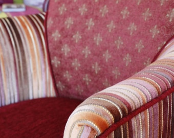 Upcycled,  Antique Upholstered Tub Chair, Terracotta ,Velvet and Chenille Fabric By Jane Hall Design