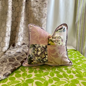 20”/20” Designers Guild, Romantic Style, Decorative Pillow Cover, in Mauve Purple and Green, Linen and Velvet Fabrics, Jane Hall Design