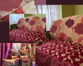 Upcycled Antique Loveseat, Designers Guild- “Lorca-Tanjore” Embroidered Silk “Fitzrovia” Velvet Weave- Pink Orange- Jane Hall Design
