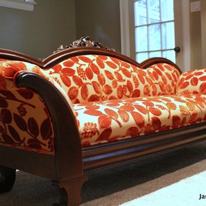 Upcycled-Antique Victorian- Upholstered Sofa- Terra Cotta- Cut Velvet Fabric- from Jane Hall Design