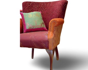 Bohemian Style, Upcycled, Upholstered, 1930s Vintage Arm Chair, In Orange and Magenta, Designers Guild Velvet Fabrics, By Jane Hall Design