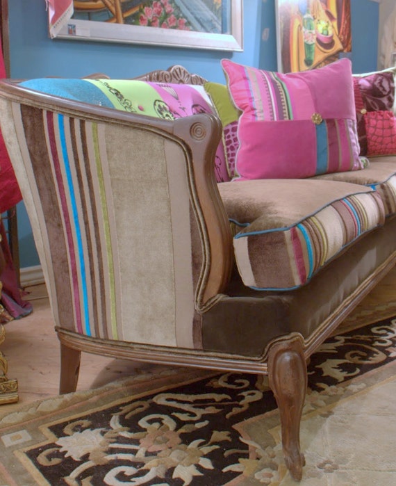 Bohemian Style Upcycled Upholstered Vintage Sofa In Chocolate Brown Turquoise And Magenta Designers Guild Velvet And Embroidered Silk Bohemian Style Upcycled Upholstered Vintage Sofa In Chocolate Brown Turquoise And Magenta Designers Guild Velvet And Embroidered Silk