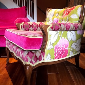 Upcycled, Upholstered, French Provincial Arm Chair In Designers Guild Pink and Green Print and Velvet Upholstery Fabrics, Jane Hall Design