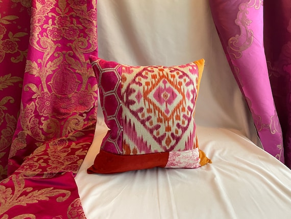 Boho Kissenbezug: Pink Orange Leinenschnitt Samt, 52 cm