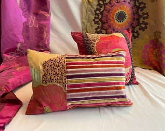 Boho Stil, bestickt und appliziert, Seide und Samt, Kissenbezug, Magenta & Orange, Designers Guild, Lorca (30,5 cm 45 cm)