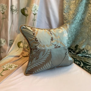 18”/18” Osborne and Little, Designers Guild Quilted Decorative Pillow Cover, in Mineral Green and Taupe Velvet and Embroidered, Fabrics