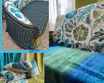 Upcycled-Antique Loveseat-Designers Guild-“Phipps” Velvet Weave-Manual Canovas Embroidered Linen- in Blue-Green Fabrics-by Jane Hall Design
