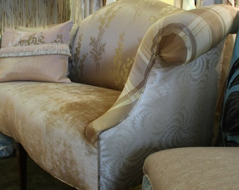 Upcycled, Antique Upholstered Camel Back-Love Seat In Silk and Velvet Fabric, By Jane Hall Design