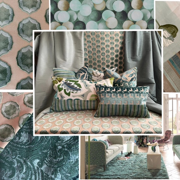 Teal and Beige,Polka Dot, Cut Velvet Upholstery Fabric, Jane Hall Design