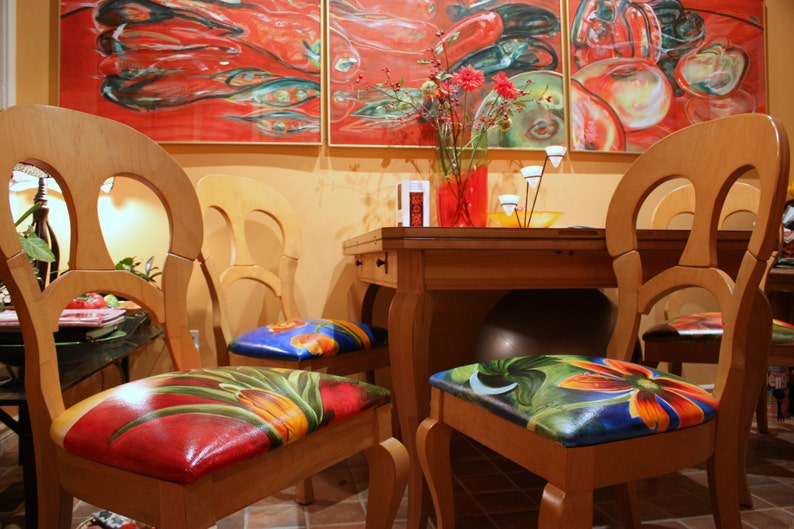 Dining Room Chair Seats InRed and Yellow by Jane Hall Design Hand Painted