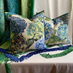 22”/22” Designers Guild “Sudara Lino-Azure” Kasav Purple, Blue, Green Printed Linen and Cotton Decorative Pillow Cover From Jane Hall Design