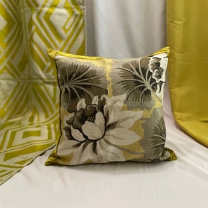 18”x 18” Designers Guild “Budard” Decorative Pillow Cover Beige and Green Printed Linen Fabrics, By Jane Hall Design