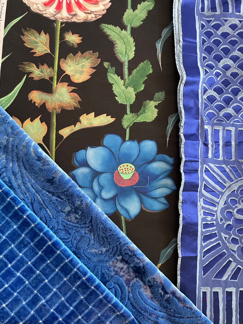 Christian LaCroix-Designers Guild Fabric, "Selam-Jais” Sapphire Blue, Black-Floral Pattern-Printed Silk-Jane Hall Design image 5