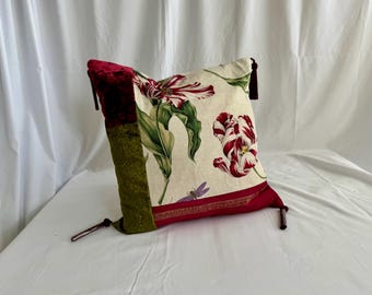 Designers Guild Velvet, and Pierre Frey, Linen Print, Decorative Pillow Cover in Burgundy, Green and Beige Fabrics, 18”/18”,Jane Hall Design