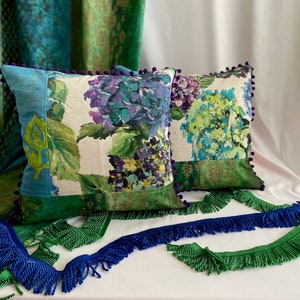 18”/18” Designers Guild “Sudara Lino-Azure” Kasav Purple, Blue, Green Printed Linen and Cotton Decorative Pillow Cover From Jane Hall Design