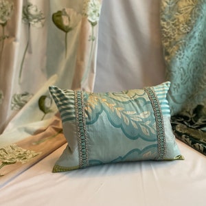 14”/20” Designers Guild Quilted Decorative Pillow Cover, in Mineral Green and Silk Fabrics by Jane Hall Design