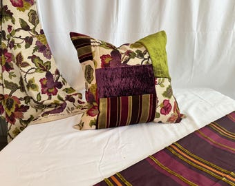 Decorative Pillow Cover, Designers Guild Velvet, Sanderson Printed Linen, Burgundy Green Oatmeal, 20”/20” From Jane Hall Design