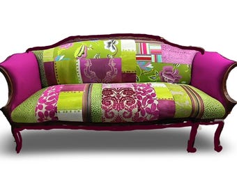 Upcycled 1920s Vintage Sofa, Designers Guild Pink, Green Velvet Quilted Fabric From Jane Hall Design