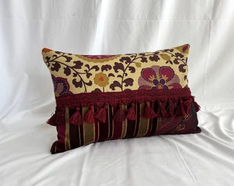 Decorative Pillow Cover, Striped Velvet, Printed Linen, Burgundy Green Beige Fabrics, 14”/20”, Jane Hall Design