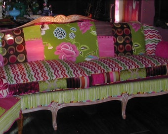 Designers Guild-Bohemian Style-Upcycled-Upholstered, 1920s Vintage Sofa- Pink and Green Quilted Fabrics by Jane Hall Design