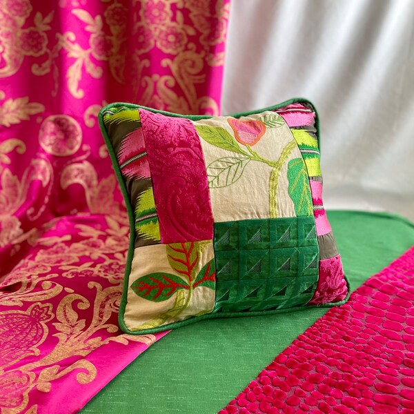 18”/18””Kaliska” Embroidered Linen, Designers Guild Velvets, Decorative Pillow Covers in Pink, Emerald Green