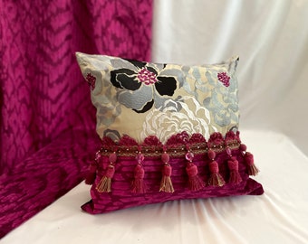 Embroidered Silk Pillow: Bohemian Quilted Velvet Cushion with Tassel Trim
