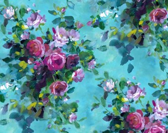 Designers Guild Floral Cotton Fabric: Bouquet de Rose Turquoise