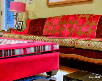 Bohemian Style, Upcycled, Upholstered Vintage Sofa -Designers Guild- Brown, Pink Velvets- Jane Hall Design