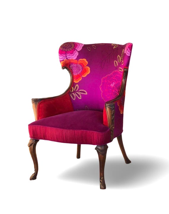 Bohemian Style, Upcycled, Upholstered, 1930s Art Deco Arm Chair, In Orange and Magenta, Designers Guild Velvet Fabrics, By Jane Hall Design