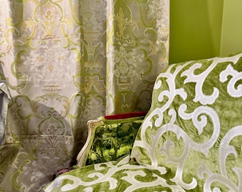 Designers Guild Adelphi Woven Silk Fabric, Cream & Green Upholstery and Curtain Fabric,From Jane Hall Design