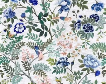 Designers Guild Linen Fabric: Emerald Green Floral Bird Print