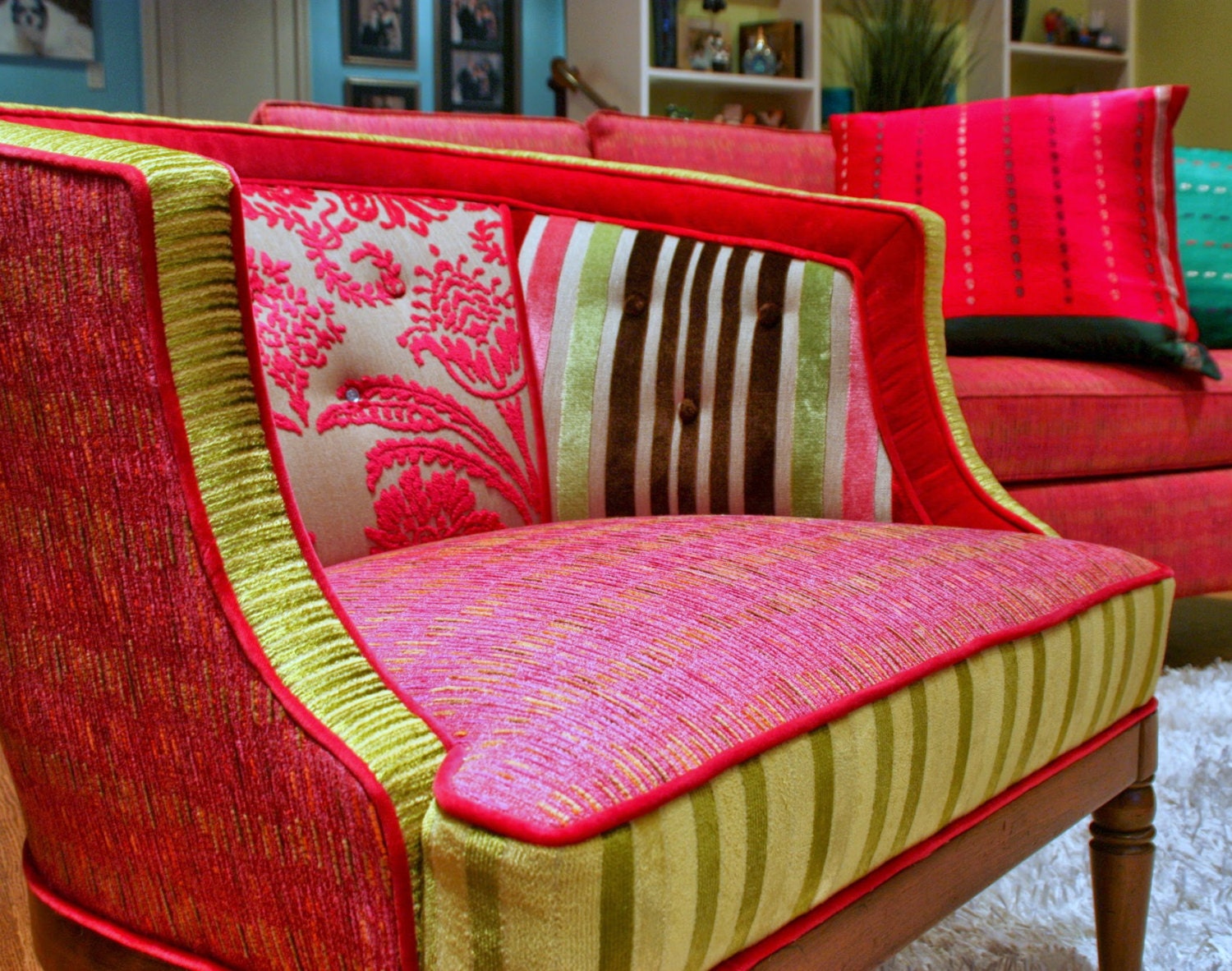 1950's chairs reupholstered with 1950's velvet curtains. Love the print!