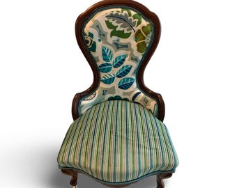 Upcycled, Antique Victorian Chair, Designers Guild Velvet, Manuel Canovas Embroidered Linen in Ivory, Teal and Green , Jane Hall Design