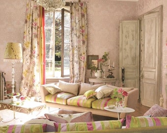 Designers Guild “Whitewell” Custom Made Silk Curtains-Roman Shades in a Pink and Yellow Silk Floral Pattern Fabric, By Jane Hall Design