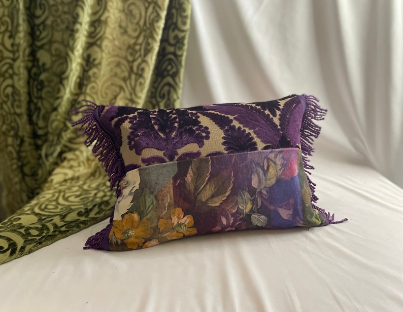 Designers Guild “Minakeri Rosewood” 14”/20” shops Bohemian Style, Decorative Pillow Cover, Purple and Copper Printed Linen, Velvet, Bullion Trim