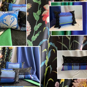 May include: A collage of images featuring decorative pillows with various patterns and colors. The pillows are adorned with black trim and tassels. The background features a floral print fabric.
