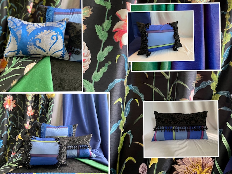 May include: A collage of images featuring decorative pillows with various patterns and colors. The pillows are adorned with black trim and tassels. The background features a floral print fabric.