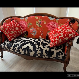 Antique Victorian Settee- Designers Guild- Upcycled- in Red-Black- White- Printed Cotton Duck-Cut Velvet Fabrics, By Jane Hall Design