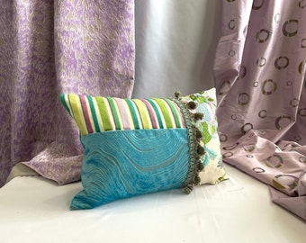 14”/ 20” Designers Guild Romantic Style, Pillow Cover, in Mauve Purple Turquoise and Embroidered Linen, Jane Hall Design