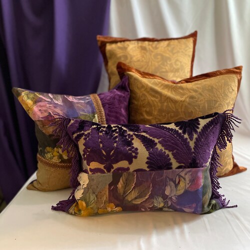 Designers Guild “Minakeri Rosewood” 14”/20” shops Bohemian Style, Decorative Pillow Cover, Purple and Copper Printed Linen, Velvet, Bullion Trim