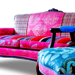 Upcycled, Upholstered, Vintage French Provincial Settee, Repurposed, in Magenta, and Teal, Exclusive “Designers Guild” Fabrics.