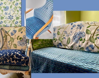 Upcycled-Antique Loveseat-Designers Guild-“Murrine” Velvet Weave-Manual Canovas Embroidered in Blue-Green Fabrics-by Jane Hall Design