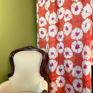 Thibaut “Sunburst”  Made Curtains-Roman Blinds, in Pink and Orange Printed Cotton Sateen, From Jane Hall Design