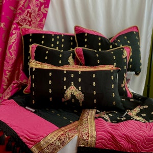 7 PC, Bohemian Style, Pink Black, Embroidered Silk Satin Bedding Set, Bed Cover,  Decorative Pillows, Fabric Headboard , By Jane Hall Design